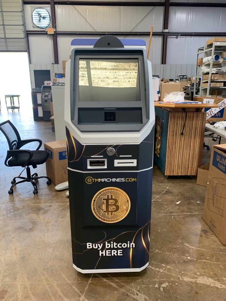 A front view of a Chainbytes Bitcoin ATM with the BTM Machines branding