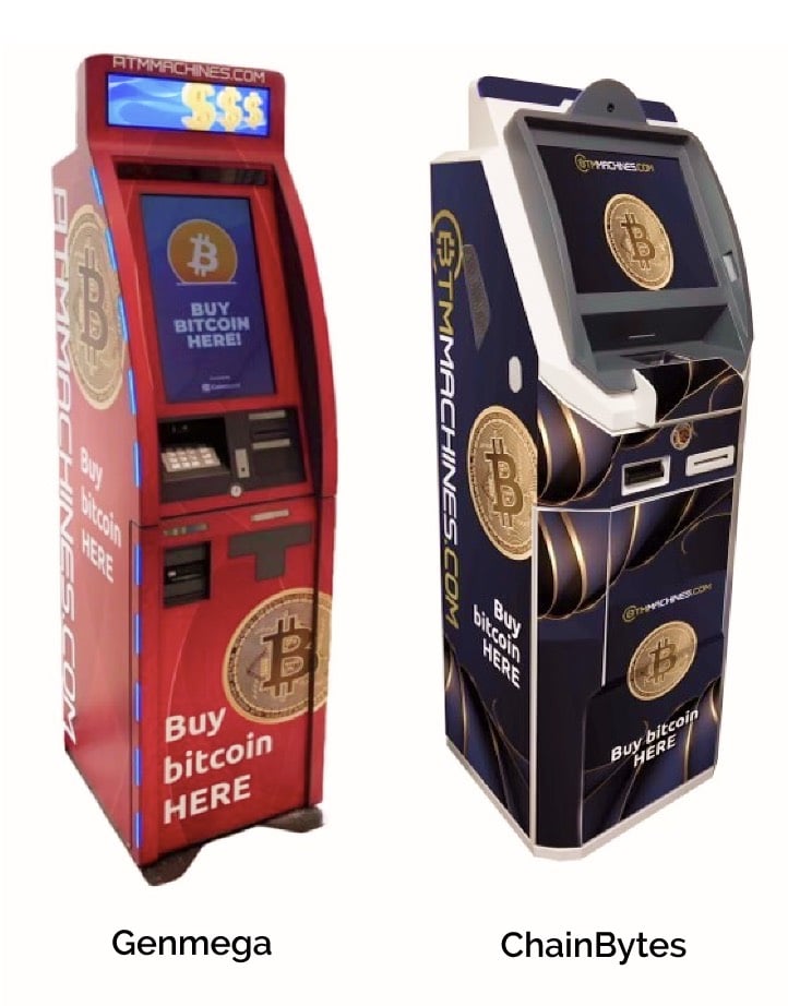 The Genmega and Chainbytes Bitcoin ATM machines pictured side by side