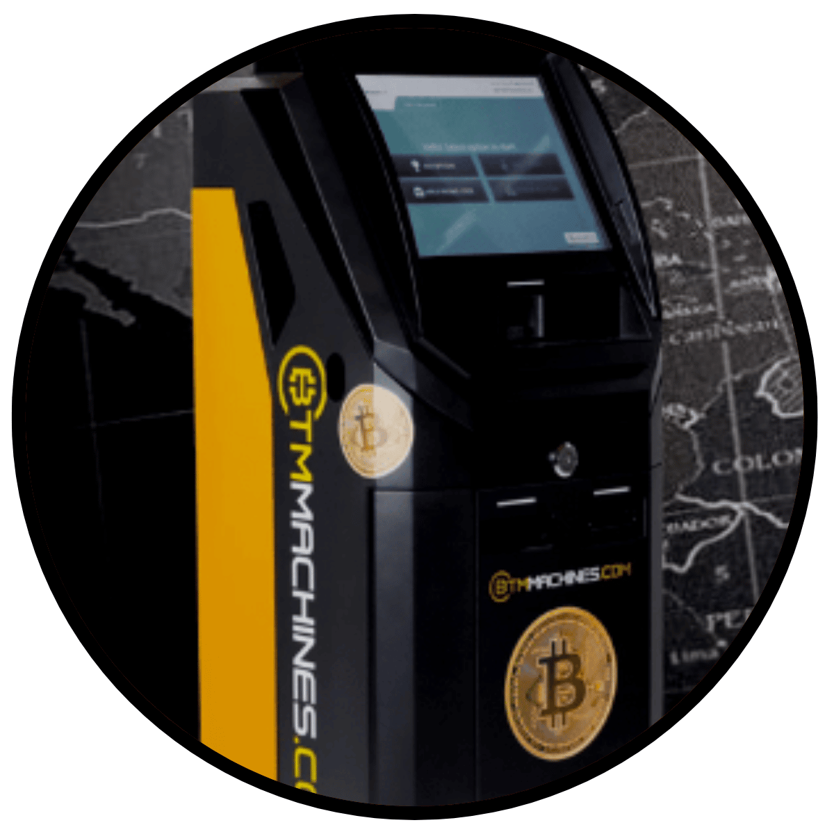 A stylized image of a Bitcoin ATM Machine (BTM)